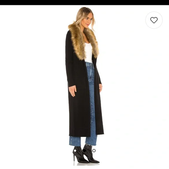 Lombardi Long Cardigan With Faux Fur Trim in Black - Picture 2 of 2